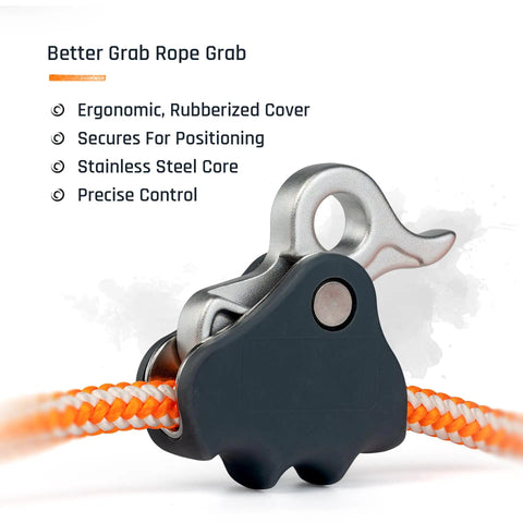 Arborist Lanyard For Tree Work, ergonomic rope grab on half inch polyester rope, steel core, high visibility orange.