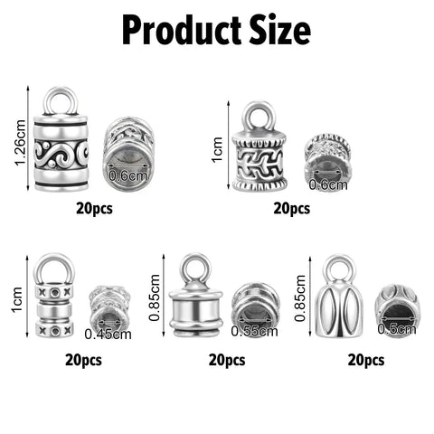 100 Pcs Cord End Caps Jewelry Making Kit With Five Styles In Antique Silver Alloy Tips Plus Lobster Clasps And Jump Rings