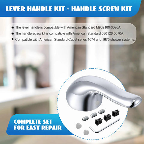 Lever Handle Kit And Screw Kit For Single Handle Pressure Balance Tub And Shower Faucets Polished Chrome Finish Compatible With American Standard M962160-0020A And 030126-0070A Easy Install Durable Replacement Set shown in polished chrome with included screws and components against a soft-focus bathroom background.