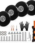 Replacement Luggage Wheels And Hacksaw Kit For Suitcases Four PU Swivel Casters With Ball Bearings, includes tools, hubs, and gloves.