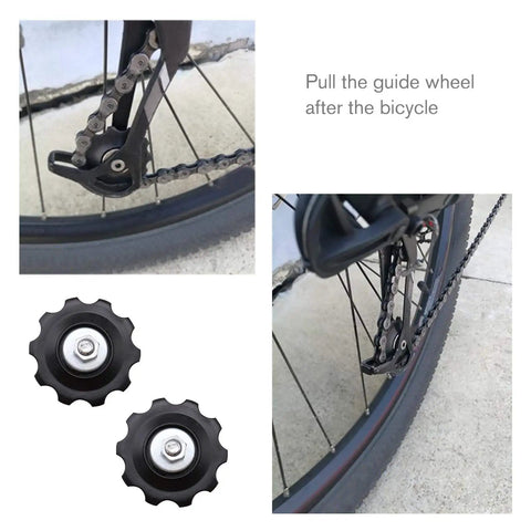 4X 10T Bicycle Gear Mech Pulley Jockey Wheel Kit Universal For 5,6,7,8 Speed Derailleur shown on bike rear wheel