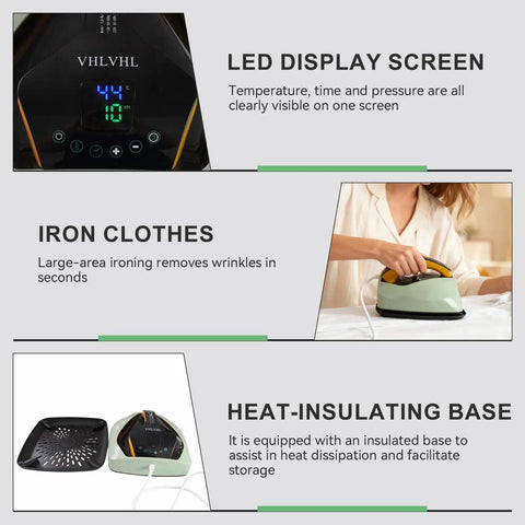 Portable 9x9 Inch Vibration Heat Press with LED display, insulated base, and ironing function for tees and more projects