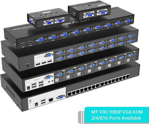 Smooth Eight Port Kvm Switch Rack Mount Kit Featuring Cat6 Hdmi And Vga Extension For Dead Simple Remote Server Control And PC Monitoring Up To Two Hundred Thirty Feet Away From Workstation, showing multiple KVM units and ports.