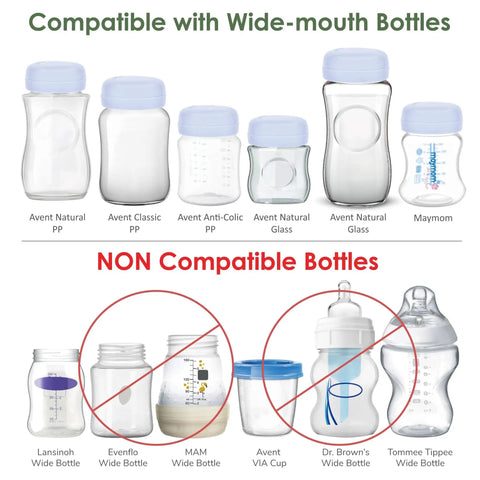 Image showing compatible and non-compatible bottles for Leak Proof Travel Bottle Cap Set For Avent Bottles Six Pack With Silicone Sealing Ring Fits Avent Natural Polypropylene Glass And Classic Bottles Great For On The Go Moms Dads And Caregivers.