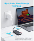 Dual 4K USB C Docking Station For Laptops With 2 HDMI Ports, 8 In 1 Hub, shown connected to laptop and power outlet