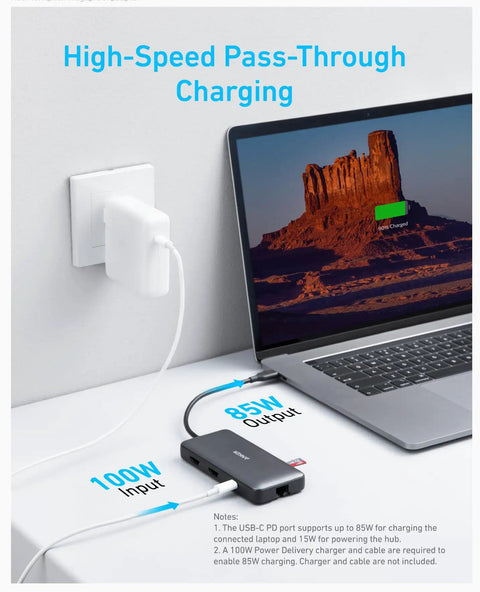 Dual 4K USB C Docking Station For Laptops With 2 HDMI Ports, 8 In 1 Hub, shown connected to laptop and power outlet