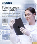 Person in lab coat using a tablet wearing 5 Mil Latex Disposable Gloves Food Contact Safe Powder Free Fully Textured Grippy White Large Size.