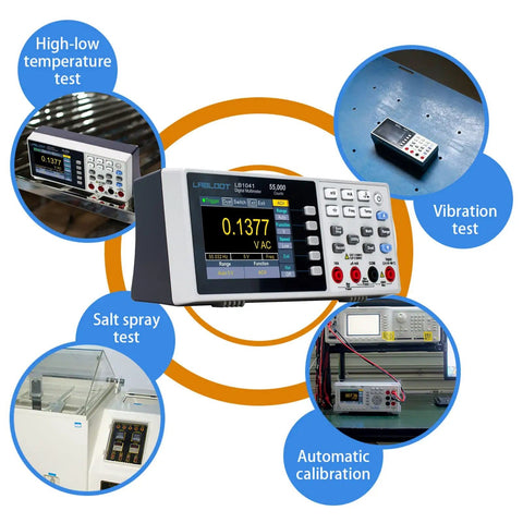 Workhorse Bench Digital Multimeter with 55000 counts, shown with temperature, vibration, salt spray tests, dual-line readout