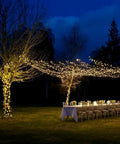 Garden party setup with tables under 200 LED Battery Operated Fairy Lights With Remote, 66Ft Silver-Coated Copper Wire, 8 Modes