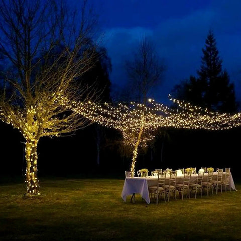 Garden party setup with tables under 200 LED Battery Operated Fairy Lights With Remote, 66Ft Silver-Coated Copper Wire, 8 Modes