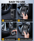 Wireless Portable Tire Inflator With Digital Pressure Gauge And Built In Led Light For Cars Bikes And Sport Gear Type C Rechargeable Smart Air Pump in use, showing easy operation steps.