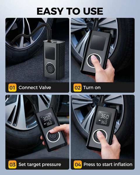 Wireless Portable Tire Inflator With Digital Pressure Gauge And Built In Led Light For Cars Bikes And Sport Gear Type C Rechargeable Smart Air Pump in use, showing easy operation steps.