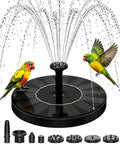 Solar Powered Bird Bath Fountain With Six Nozzles, Outdoor Water Pump for Garden Pond or Pool, with two birds perched, black design