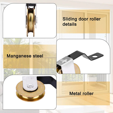 4 Pack Sliding Screen Door Rollers Replacement With 1 Inch Heavy Duty Tension Springs And Concave Steel Ball Bearings Fits Top And Bottom Wheels For B638 B687 B639 B756 Doors Includes Mounting Screws shown in detail with manganese steel material.