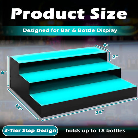 LED Lighted 3 Tier Liquor Bottle Shelf With Remote For Your Home Bar Setup 24 Inch Display Rack dimensions diagram