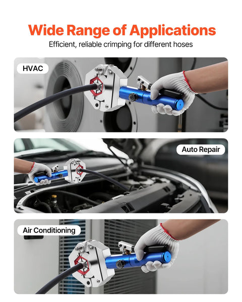 Manual hydraulic crimp tool in use for HVAC and auto AC repair; features the Hydraulic Hose Crimper Kit With 7 Dies For Auto AC Repair, Snap-On Hydra-Krimp in a practical application.