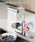 MIAOHUI Chrome Kitchen Faucet with Glass Rinser, 4 Modes showcasing smooth single handle control pouring water over blueberries.