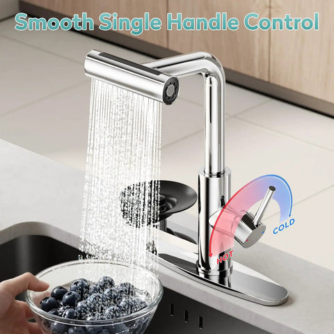 MIAOHUI Chrome Kitchen Faucet with Glass Rinser, 4 Modes showcasing smooth single handle control pouring water over blueberries.