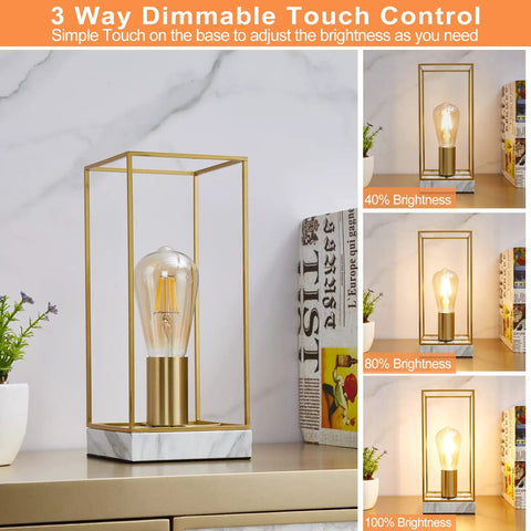 Touch Table Lamp With 3 Way Dimmable Brightness, Modern Nightstand Desk Lamp, White Faux Marble Base, Edison Bulb, Easy Tap Control