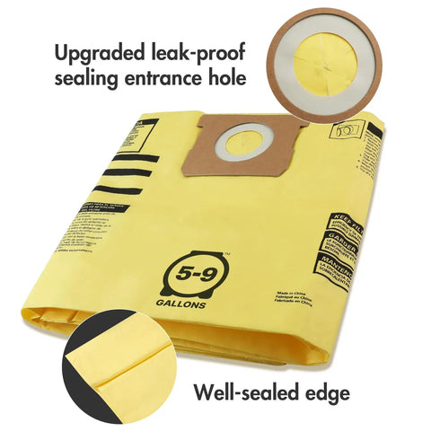Pro-Grade High-Efficiency Disposable Vacuum Filter Bags For 5 To 9 Gallon Vacuums, 4 Pack, Yellow, showing sealing entrance hole