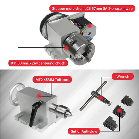 CNC Rotary Axis 4th Axis With 3 Jaw Chuck Hollow Shaft Dividing Head A Axis 65mm Tailstock 6 To 1 Reduction For CNC Router Engraving Milling Lathe Machine Pro Grade Heavy Duty