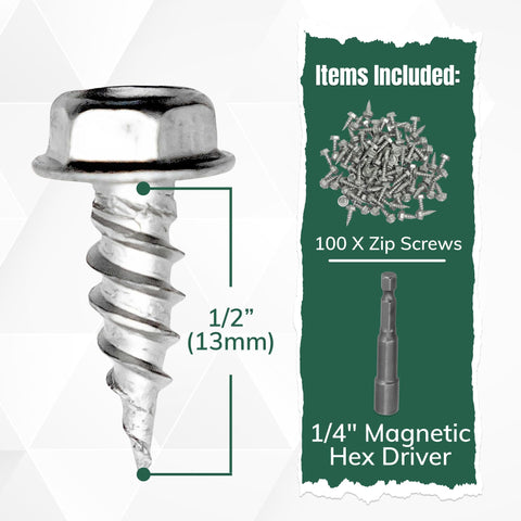 Gutter Screw Kit Half Inch 8 Stainless Steel Zip Screws With Self Piercing Xtra Sharp Tip And Quarter Inch Hex Washer Head