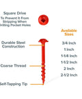 Pocket Hole Screws Set One And A Half Inch Coarse Thread 250 Pack For Wood Joinery And Softwoods Built For DIYers And Pros with red, steel screw showing features like self-tapping tip, square drive, and sizes from 3/4 to 2-1/2 inches.