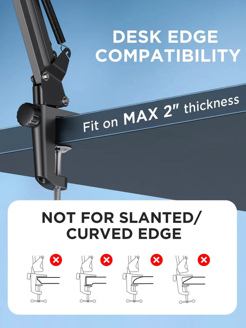 Desk clamp feature of Free Position Mic Arm Boom Stand For Blue Yeti HyperX QuadCast Snowball Fifine Shure SM7B And More, max 2" fit