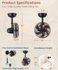 No Frills Remote Wall Mount Fan 10 Inch Compact With Plug In Cord Six Speeds Adjustable Tilt Reversible DC Motor Timer 1H 2H 4H Ideal For Garage Shop Office Bedroom Gym Walnut Finish shown with dimensions and installation diagram.
