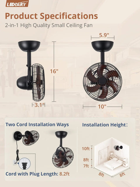 No Frills Remote Wall Mount Fan 10 Inch Compact With Plug In Cord Six Speeds Adjustable Tilt Reversible DC Motor Timer 1H 2H 4H Ideal For Garage Shop Office Bedroom Gym Walnut Finish shown with dimensions and installation diagram.