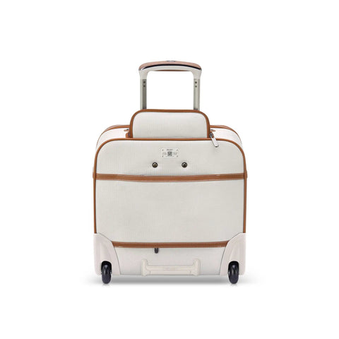 Back view of Chatelet Softside Underseat Carry On Luggage with Two Wheels Angora Ecofriendly Recycled Fabric and Vegan Leather Trim 16 Inch