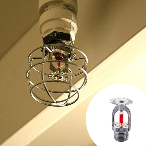 Heavy Duty 6 Pack Automatic Fire Sprinkler Heads Featuring A Quick Acting 68 Degree Liquid Pendant Design For Straight Up Reliable Ceiling And Wall Coverage, close-up view of sprinkler head with guard.