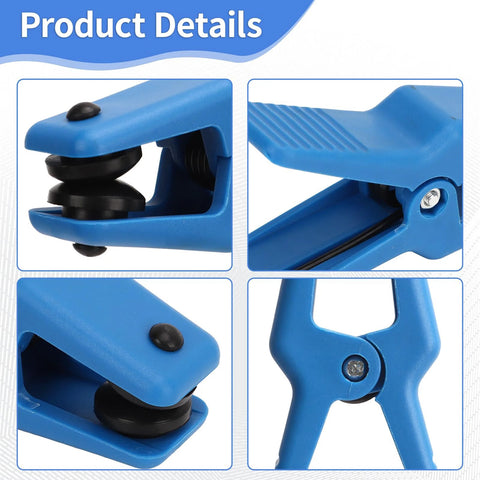 Blue brake hose line clamp pliers with black rubber stoppers and screw adjustment; shown from multiple angles