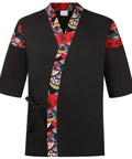 Pro-Level Unisex Sushi Chef Coat With Breathable 3/4 Sleeves, sleek black jacket with colorful patterned trim.