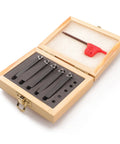 Five-piece indexable carbide turning tool set with 1/4in shanks in a foam-lined wooden box.