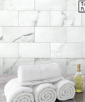10 Sheet Subway Peel And Stick Backsplash Tiles 12 By 12 Carrara White Marble Look Self Adhesive Wall Tiles in bathroom setting