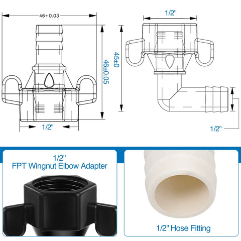 Must-Have Half Inch NPT To Barbed Elbow And Straight Swivel RV Water Pump Fittings Kit With 360 Degree Swivel Adapters, Fits One Half Inch Outlet Pumps, Includes Thread Seal Tape Pex Female Fittings Four Pack; 1/2" wingnut elbow adapter diagram