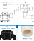 1/2 Inch NPT To 1/2 Inch Barb Elbow And Straight Swivel RV Water Pump Fittings With Thread Seal Tape, 360 Degree Rotating Quick Connect Adapter For Leakproof Hose Setup And Easy Install; technical dimensions and hose fitting views