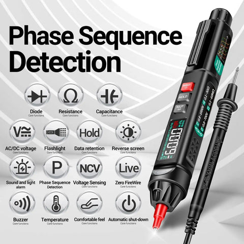 Pen Type Digital Multimeter 6000 Counts AC DC Voltage Tester Pro Grade Non Contact Voltage Meter tool with features displayed