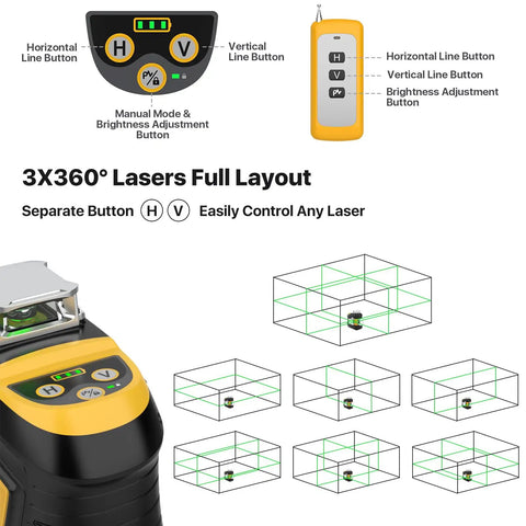 360 Self Leveling Green Cross Line Laser Level for Construction and Picture Hanging, Rechargeable Battery Lasts Up To 30 Hours, Remote Control, Magnetic Bracket, Portable Carry Bag, Pro Grade Precision at 16 Feet with remote and 3x360° beams