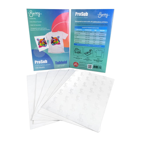 Premium Dye Sublimation Transfer Paper 11 By 17 Inches, 150 Sheets, packaging and paper stack visible