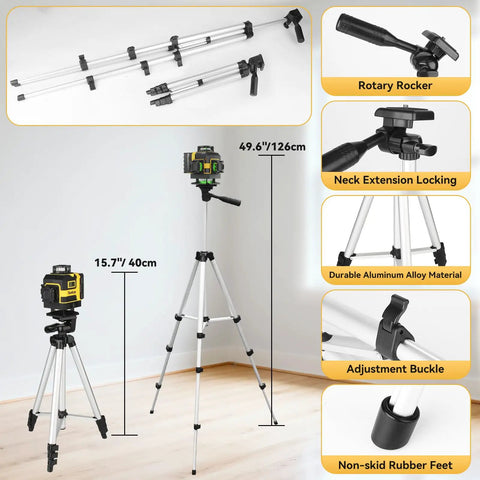16 Lines Laser Level With Tripod 360 Degree Cross Line Laser 4D Green Laser Level 4x360 Self Leveling Tool For Quick Picture Hanging Home Renovation Indoor Projects Includes 2 Batteries shown with adjustable tripod and features like neck extension and rotary rocker.