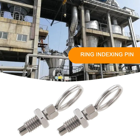 Four Pack M6 Stainless Steel Spring Plunger With Pull Ring Quick Release Pin Set Non Locking Hand Retractable Stubby Pins, shown with industrial background.