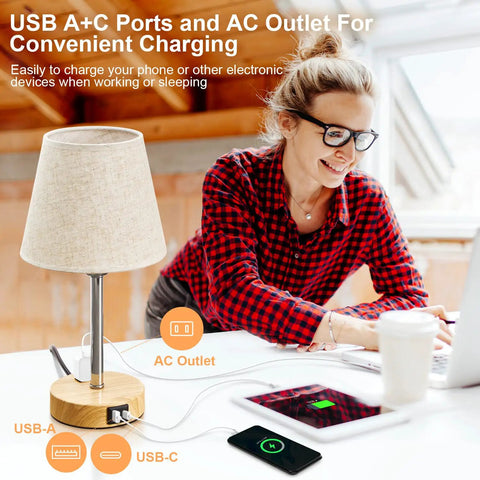 Touch Table Lamps Set Of 2 With USB A And C Ports And 2-Prong Outlet 3-Way Dimmable Bedside Nightstand Lamps In Linen Fabric Shade