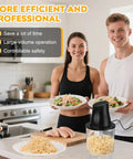 Couple using Turnrise Electric Chicken Shredder Tool with Double S-Blades in kitchen, showcasing shredded chicken and salads.