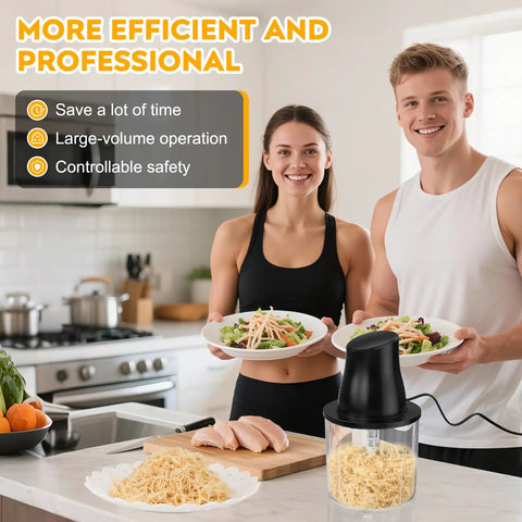 Couple using Turnrise Electric Chicken Shredder Tool with Double S-Blades in kitchen, showcasing shredded chicken and salads.
