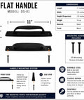 Diagram of Beefy 11 Inch Flat Iron Handle Black Wrought Iron Vintage Finish Heavy Duty Steel Barn Door Gate Cabinet Closet Garage Shed Pull Mounting Screws Included DS 01 with dimensions and mounting instructions.