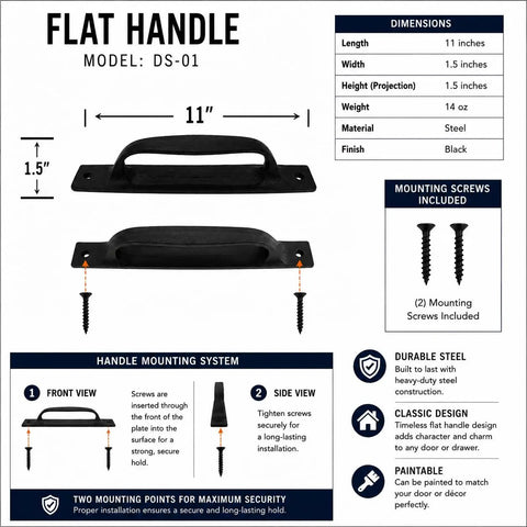 Diagram of Beefy 11 Inch Flat Iron Handle Black Wrought Iron Vintage Finish Heavy Duty Steel Barn Door Gate Cabinet Closet Garage Shed Pull Mounting Screws Included DS 01 with dimensions and mounting instructions.