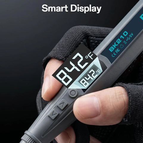 Close-up of Cordless Soldering Iron Kit with 8S Rapid Heating and 3200mAh USB C Battery showing LCD display at 842°F.