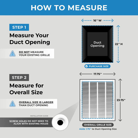 How to measure 16x22 return air vent grille for wall or ceiling duct opening with flat stamped face in white finish instruction guide.